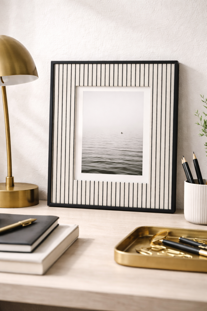 striped fabric mat board in tailored navy and cream pinstripe pattern