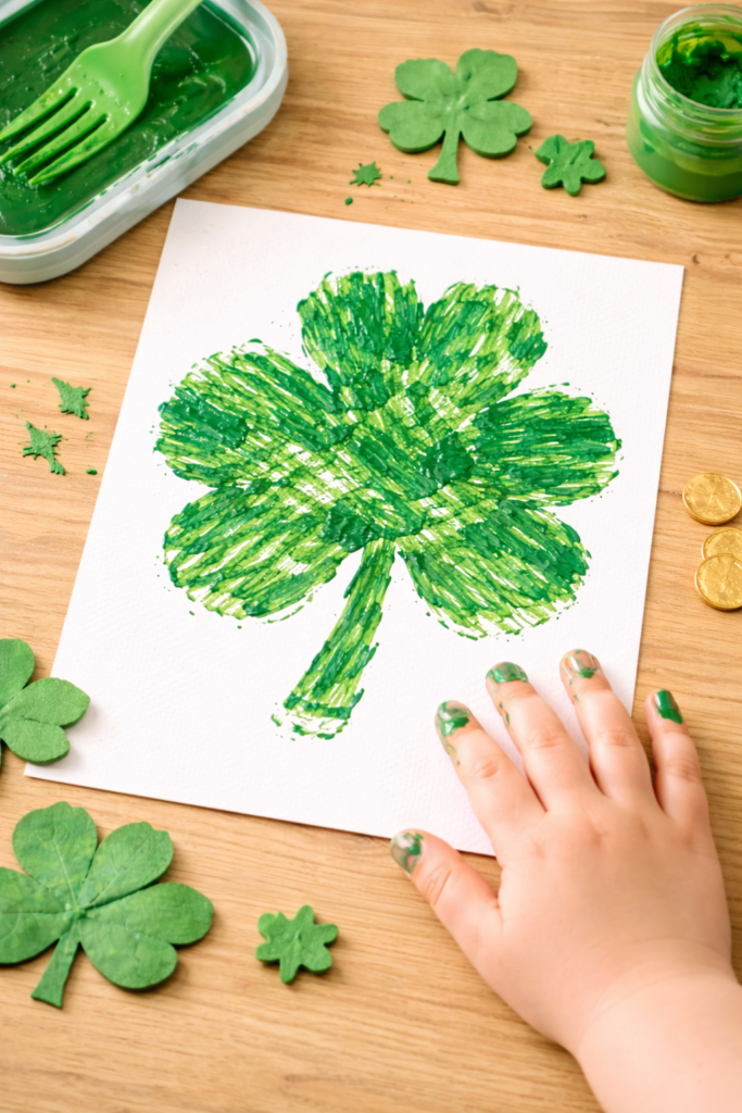 textured green shamrock made using fork painting technique, visible paint texture, white cardstock