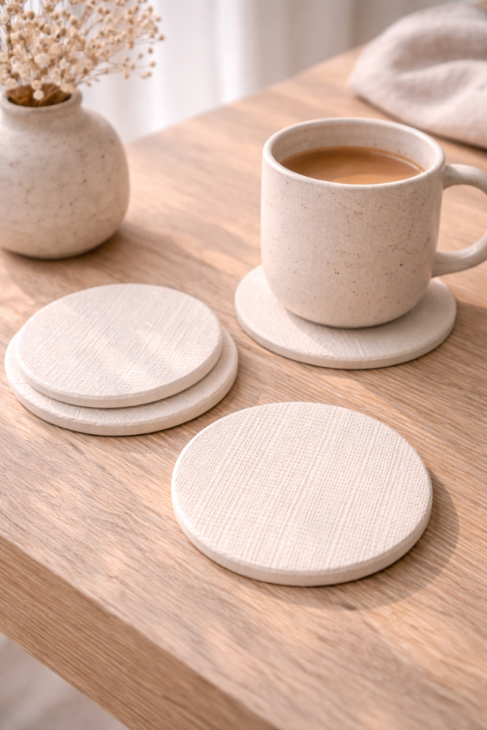 textured polymer clay coasters with linen imprint pattern in matte ivory tone, styled on light oak surface with ceramic mug