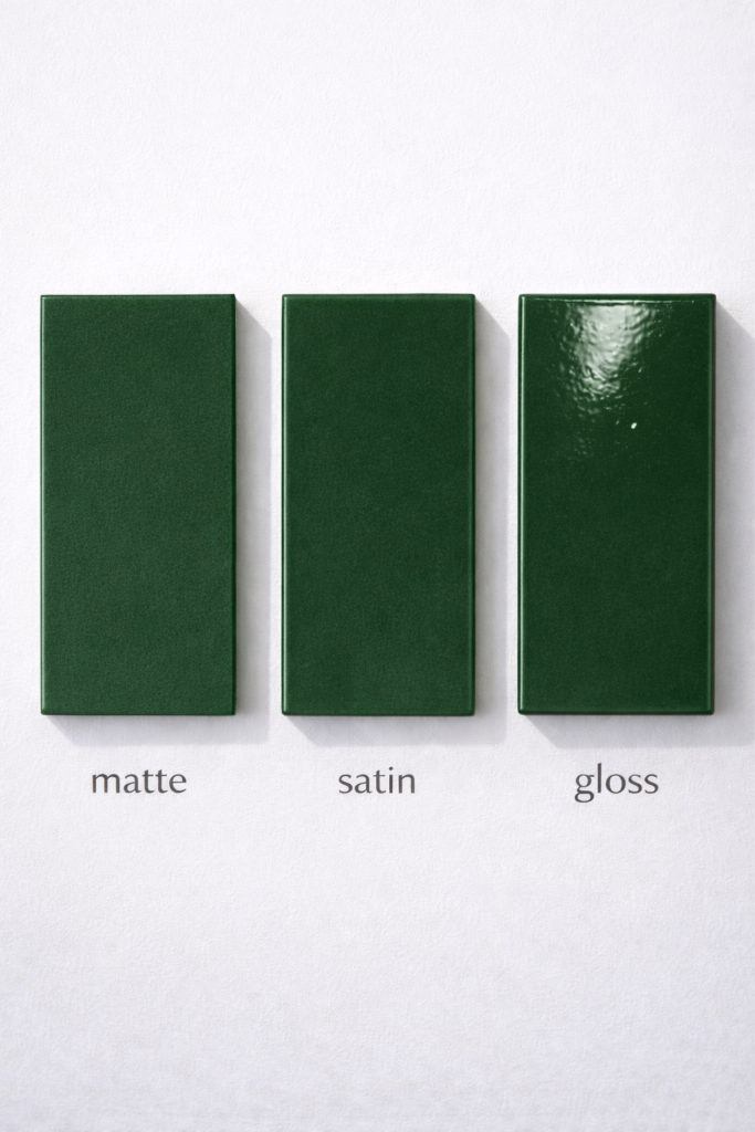 three identical air dry clay tiles displayed side-by-side labeled matte, satin, and gloss, clear difference in light reflection on each surface