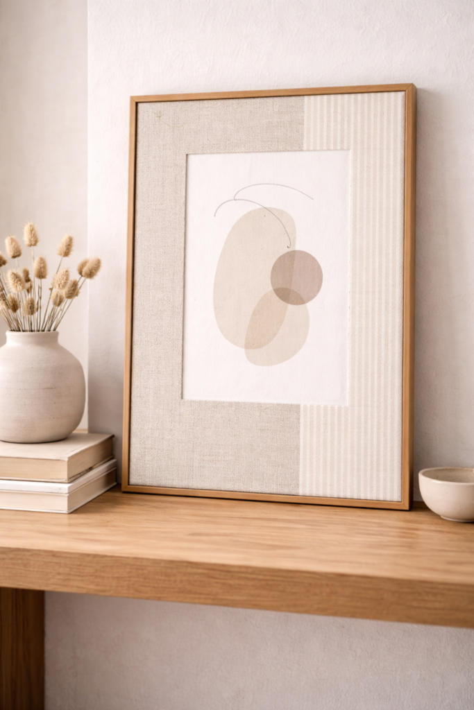 two-tone fabric mat board divided vertically with neutral linen on one side and soft striped cotton