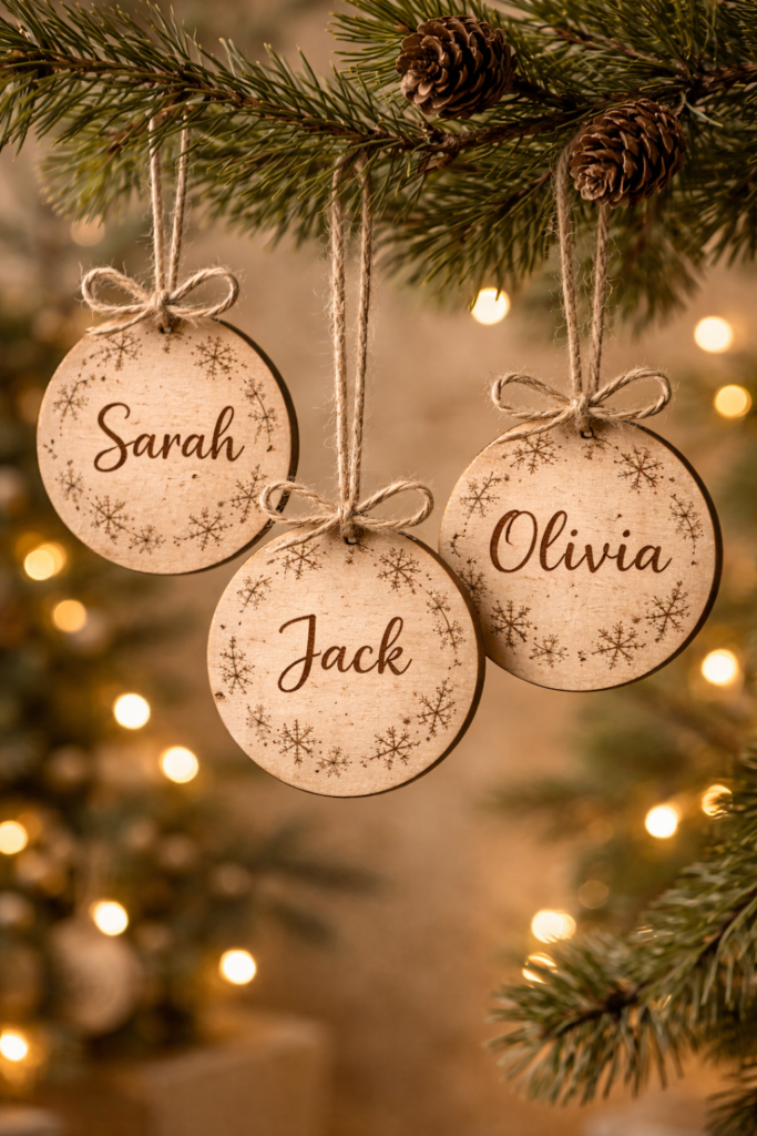 wood-burned Christmas ornaments hanging from a natural pine branch, personalized names.