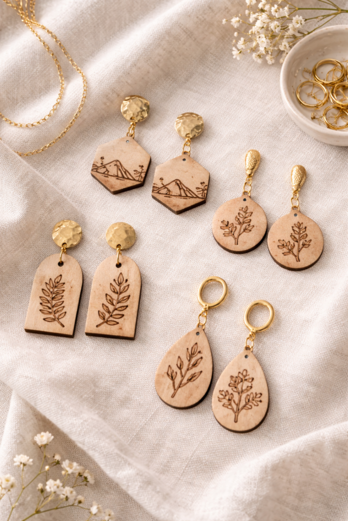 wood burned geometric earrings and botanical pendants