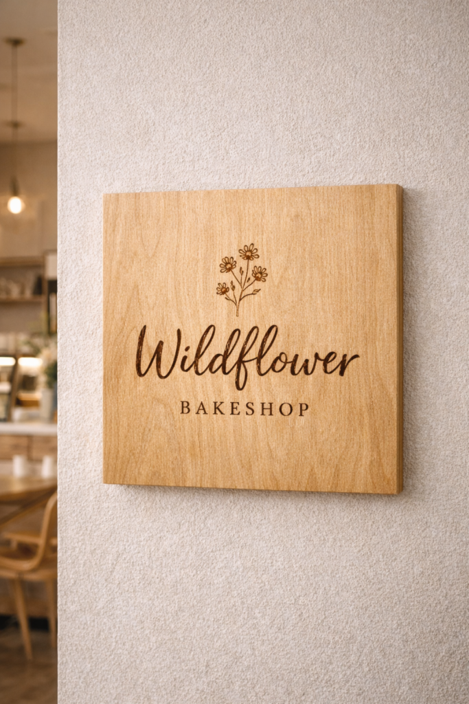 wood-burned small business logo sign mounted on a light textured wall 