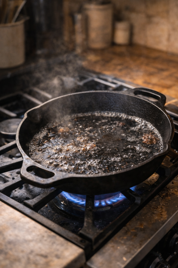 A cast iron skillet on a gas stovetop with water boiling inside to loosen burnt residue.