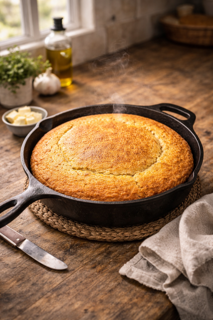 A golden cast iron skillet cornbread fresh out of the oven styled with a linen napkin and butter on a rustic wood countertop.