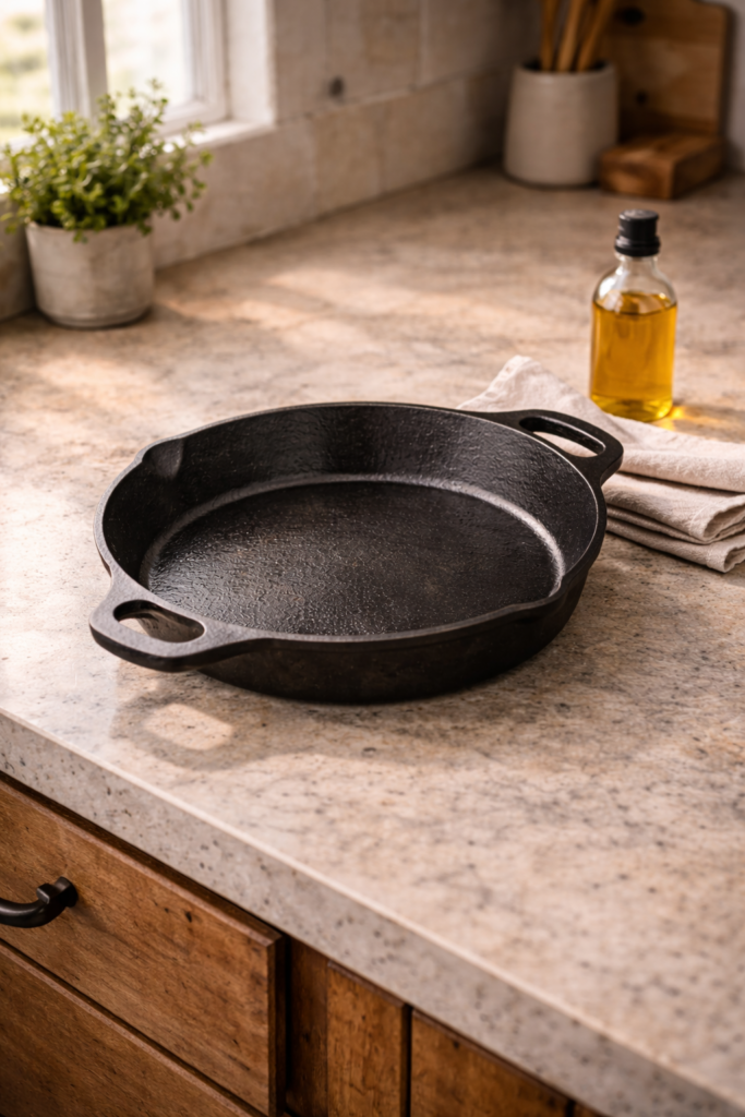 A well-seasoned cast iron skillet on a modern farmhouse kitchen countertop styled with a linen towel and small bottle of oil.