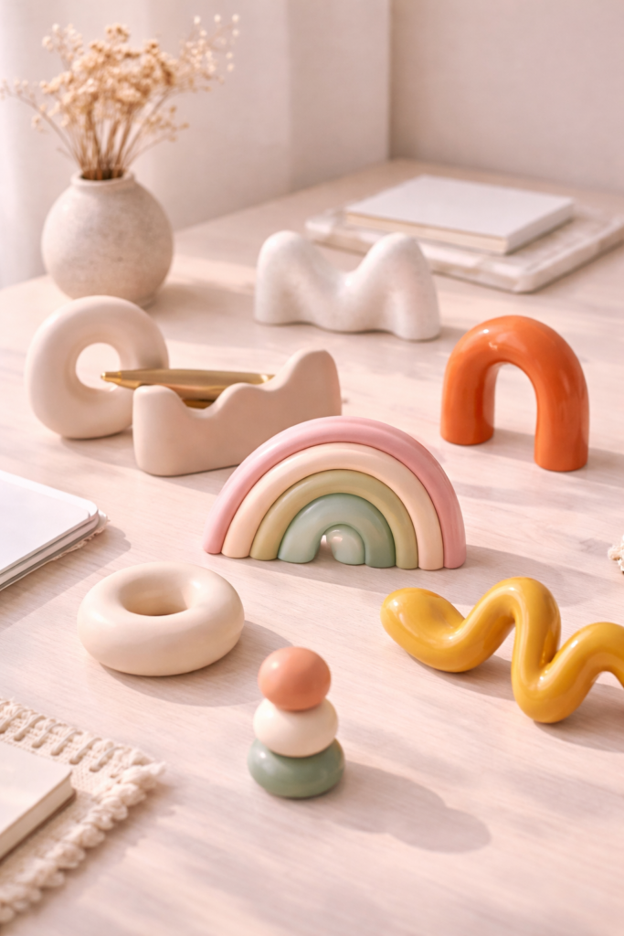 Abstract clay decor on soft wood