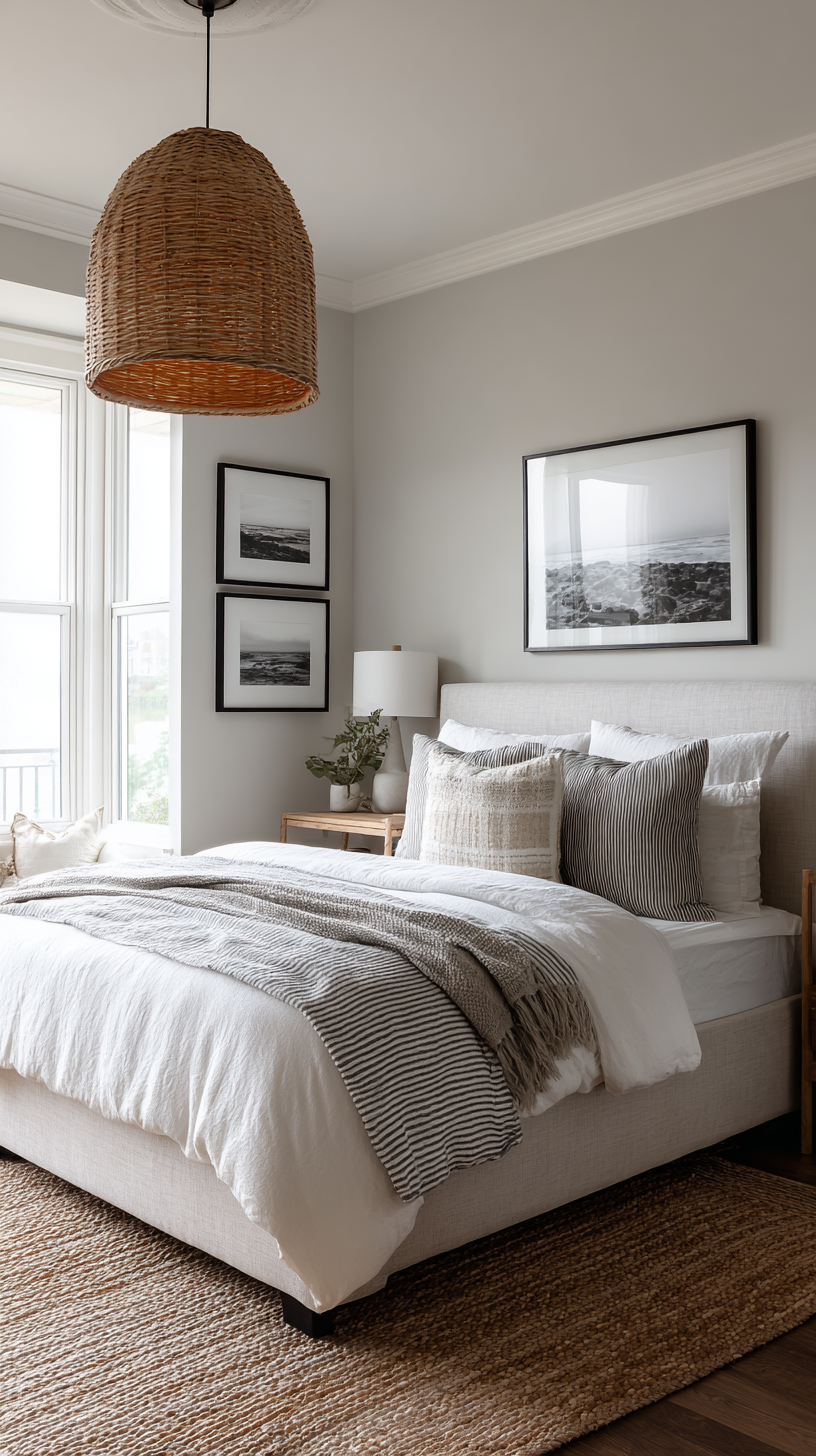 Great Room Ideas - Coastal guest bedroom with linen bed, jute rug, rattan lamp, and driftwood gray and white color palette
