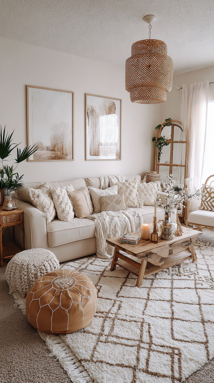 Boho beige living room with Moroccan rug, mixed global textiles, and macrame wall art