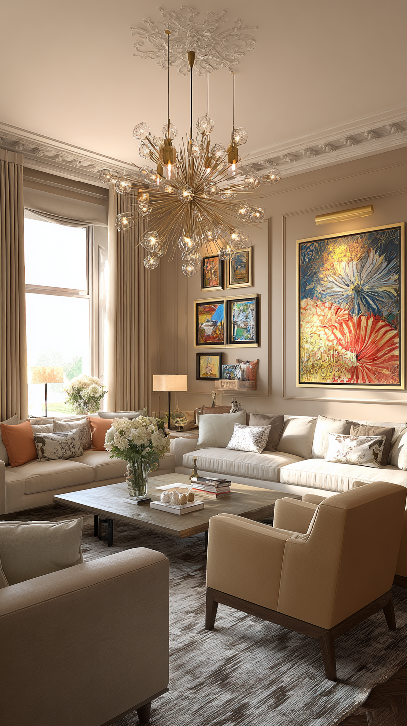 Art gallery-style beige living room with brass chandelier, pedestals, and framed wall art