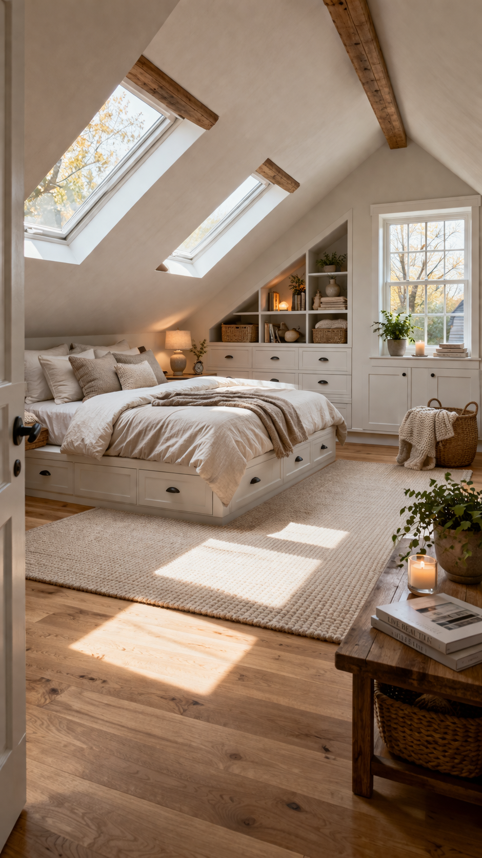 Attic bedroom with built-in drawers and cabinets seamlessly integrated into the knee wall space