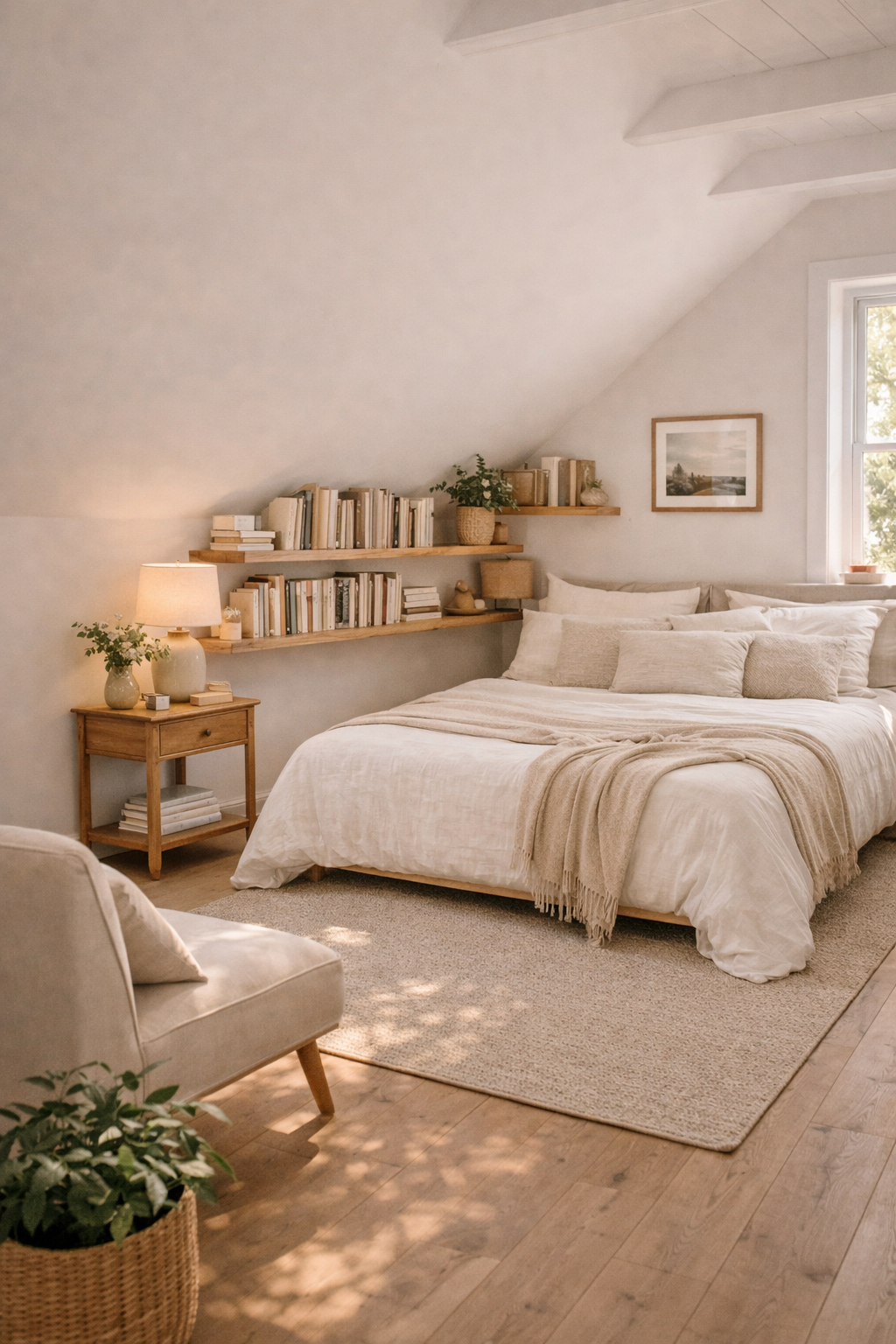 Attic bedroom with floating wooden shelves mounted along the sloped wall following the roofline angle