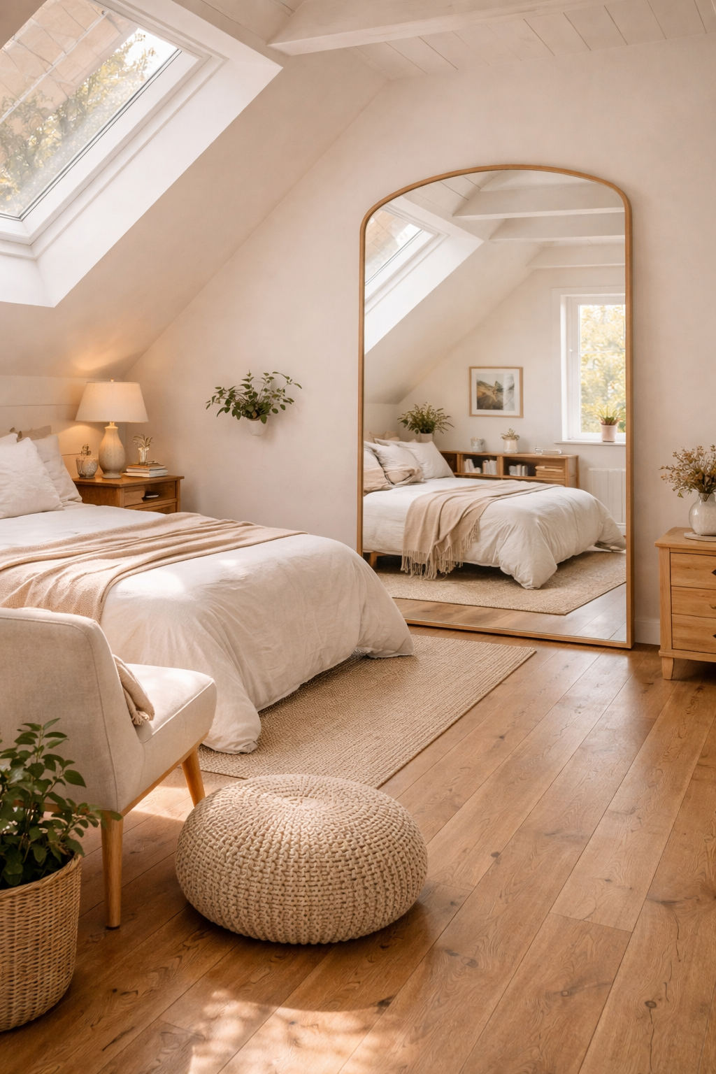 Attic bedroom with large leaning mirror on the tallest wall reflecting light and making the space feel larger