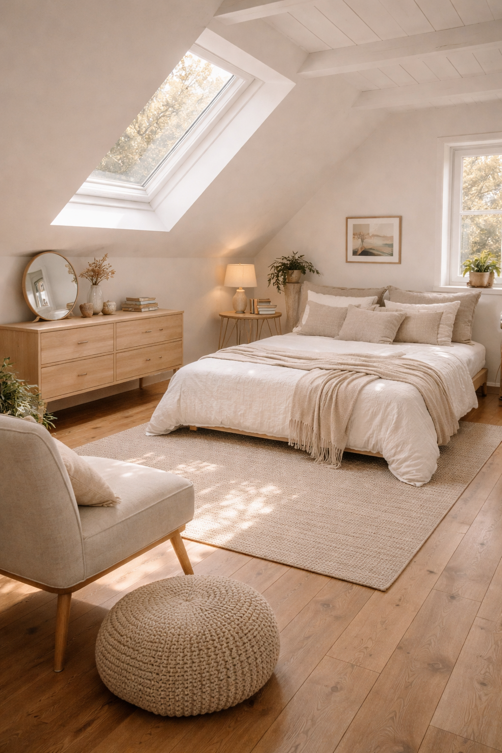 Attic bedroom with low-profile furniture on legs fitting comfortably under sloped ceilings