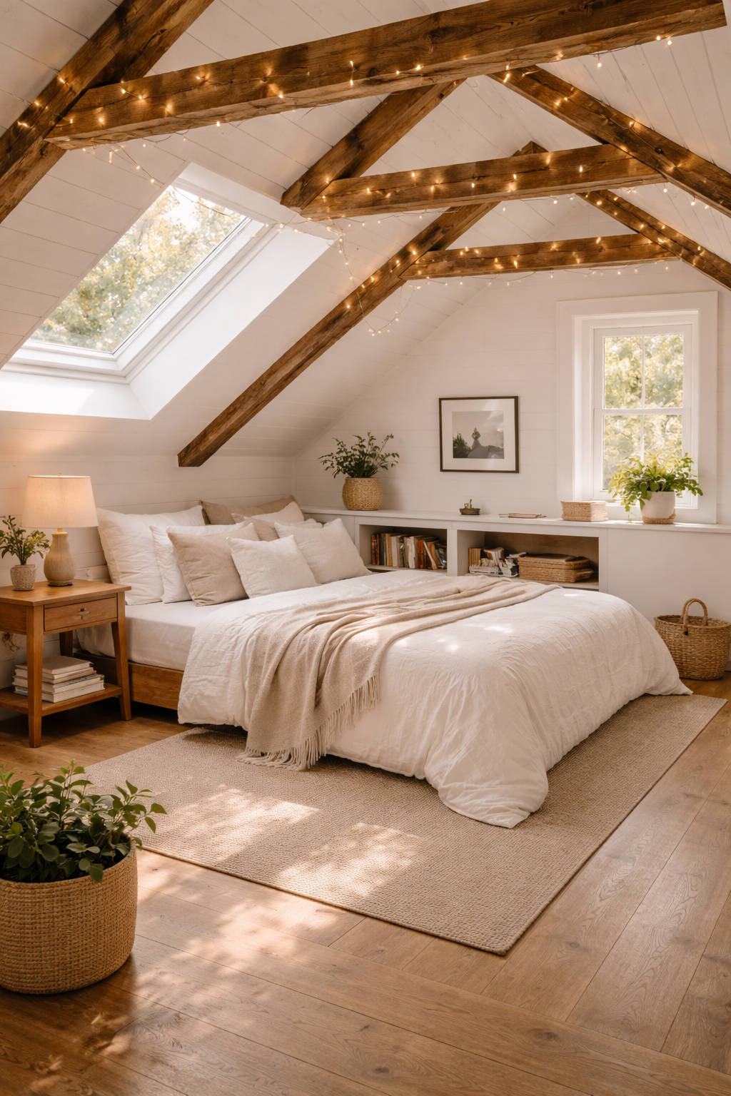 Attic bedroom with natural wood exposed ceiling beams accented by string lights against white ceiling