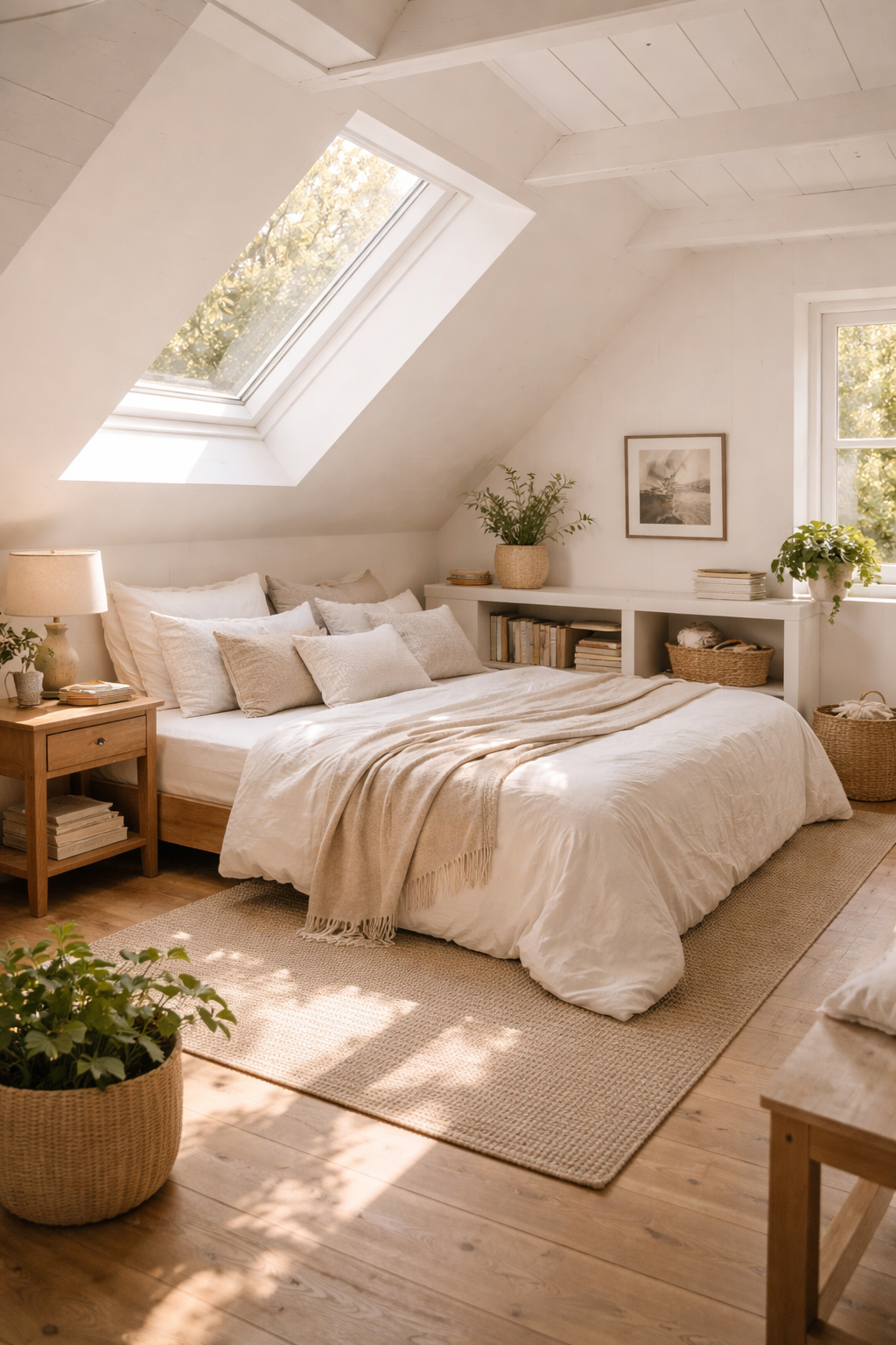 Attic bedroom with walls, ceiling, and beams all painted warm white creating an airy and spacious feel
