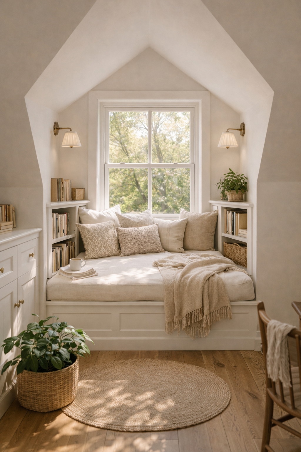 Attic dormer window alcove converted into a cozy reading nook with cushioned window seat and built-in bookshelves