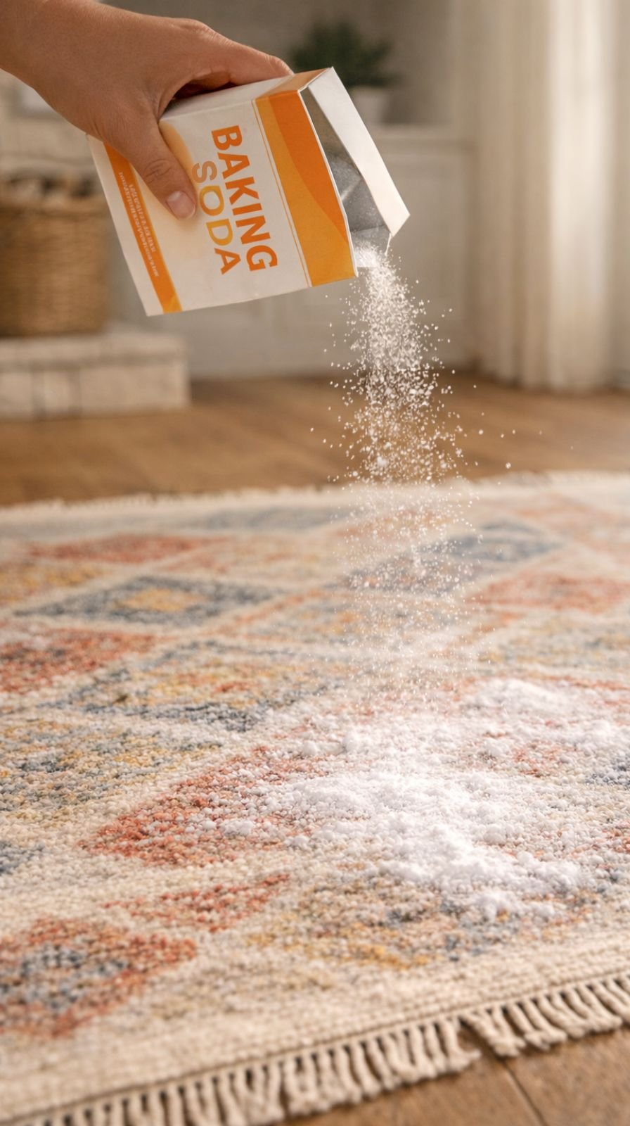 Baking soda being sprinkled evenly over a clean dry area rug for odor refreshing