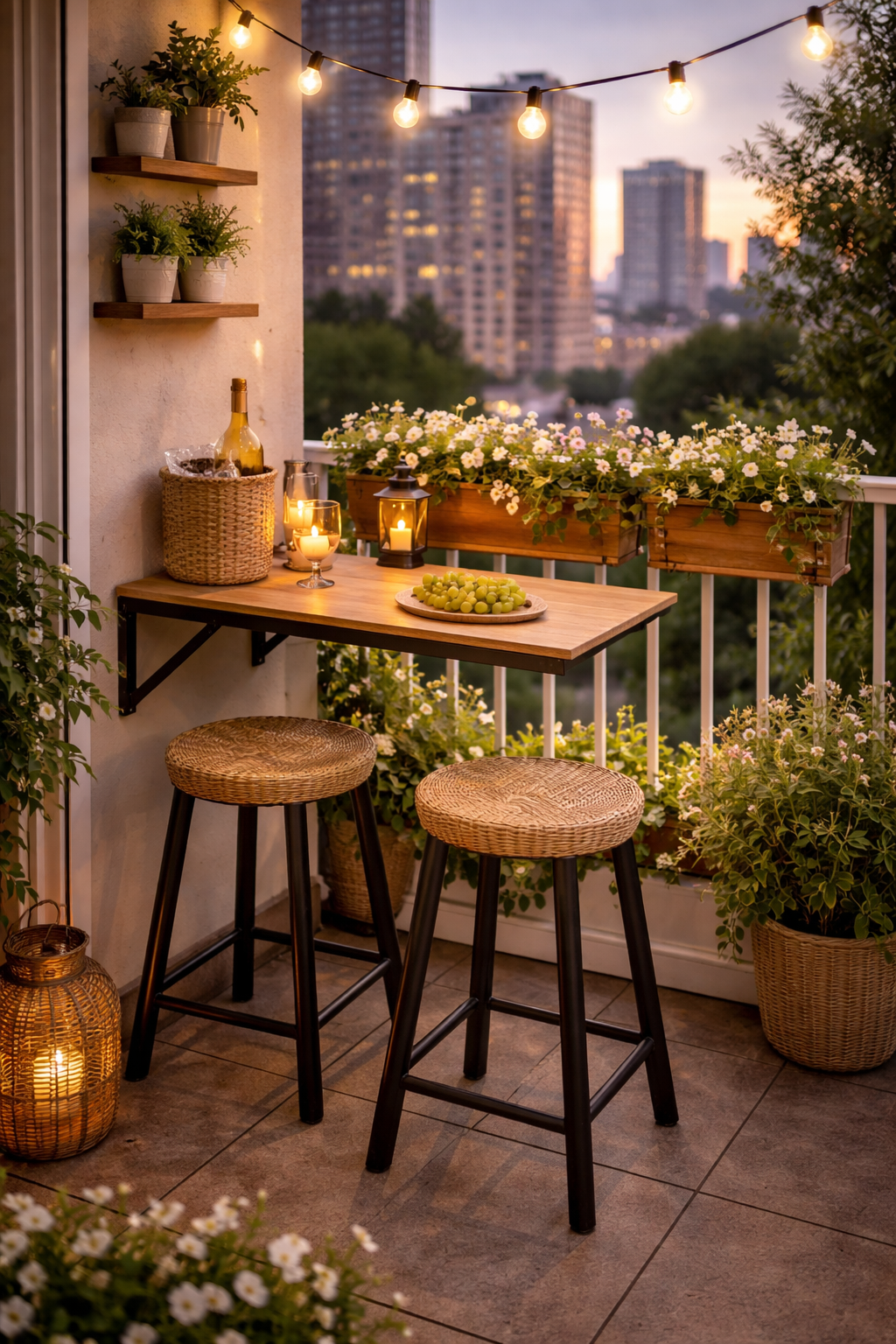 Small balcony with a fold-down wall-mounted bar table and two stools with drinks and a candle and a city view backdrop