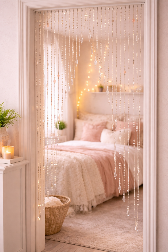 Beaded curtain in a serene bedroom