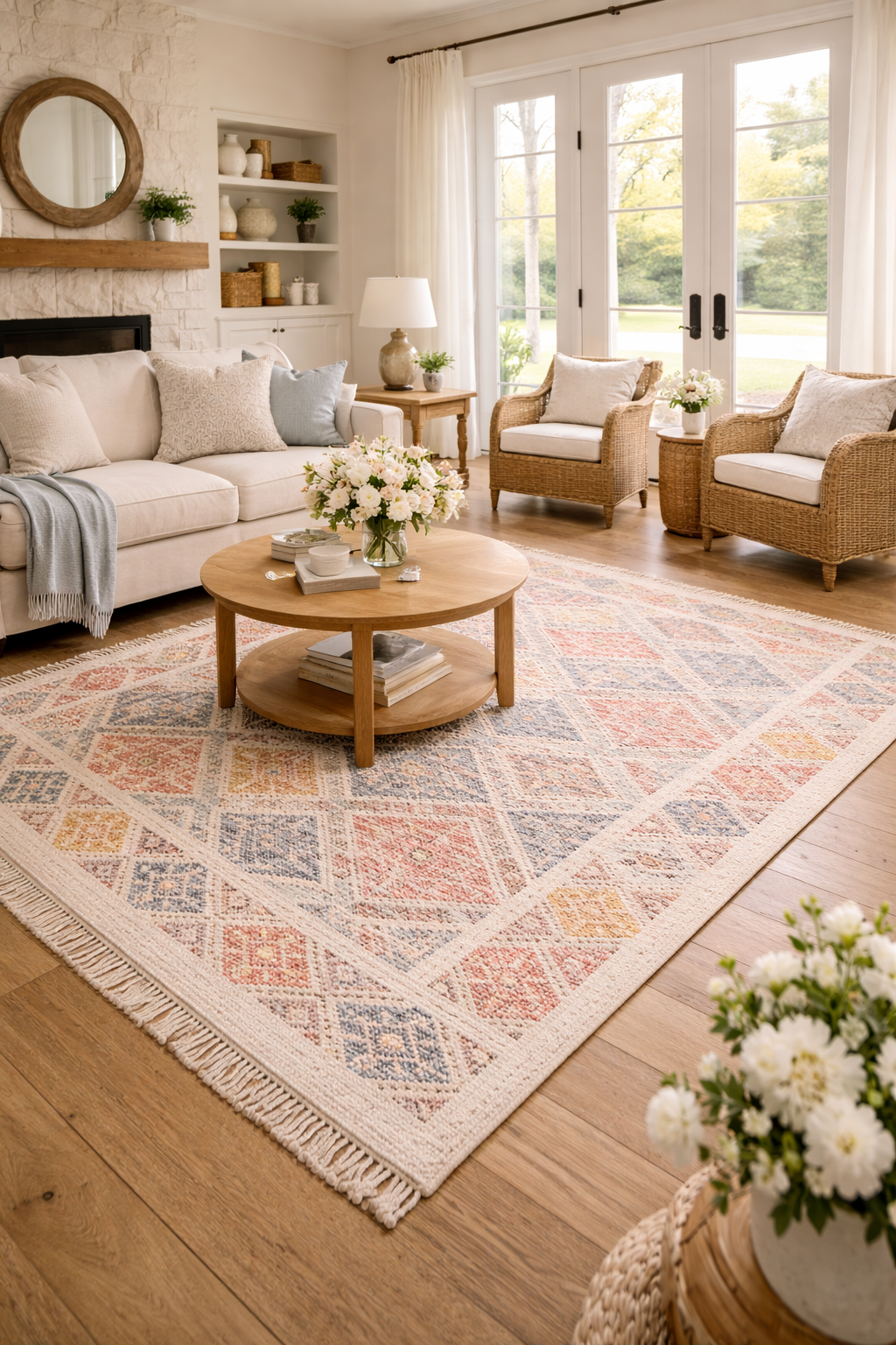 Styled living room with a freshly cleaned bright area rug anchoring a cozy seating area in natural light