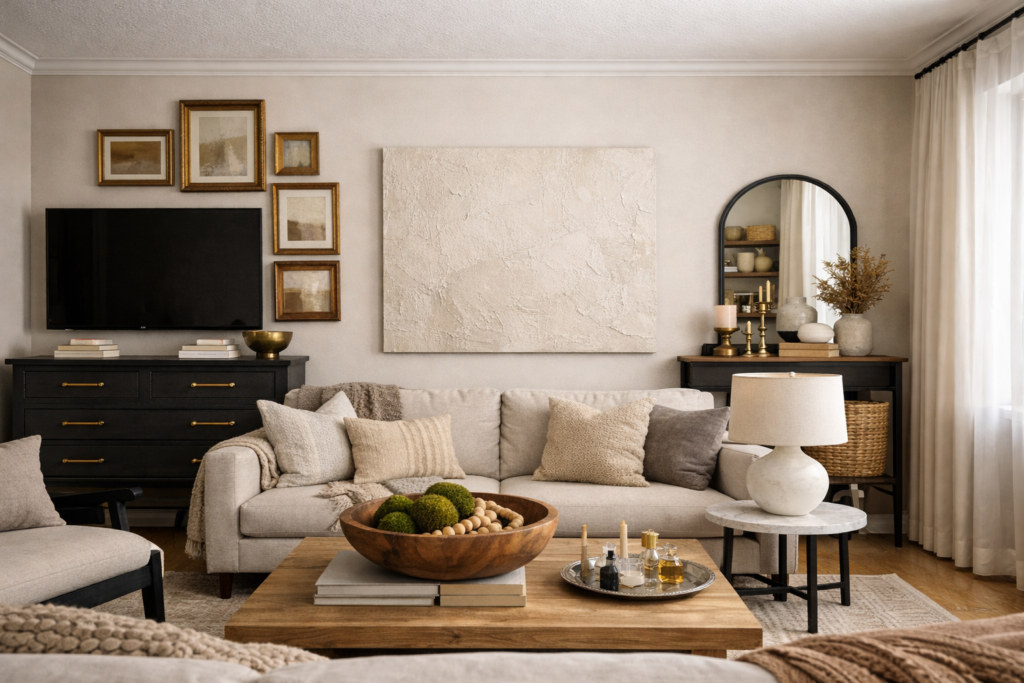Beautifully styled living room featuring multiple thrifted home decor pieces transformed into high-end accents.