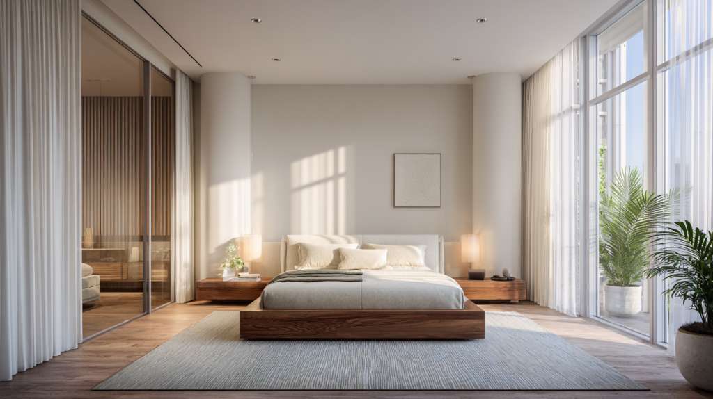Bedroom Layout Ideas - Beautifully styled bedroom with a platform bed centered against the longest wall