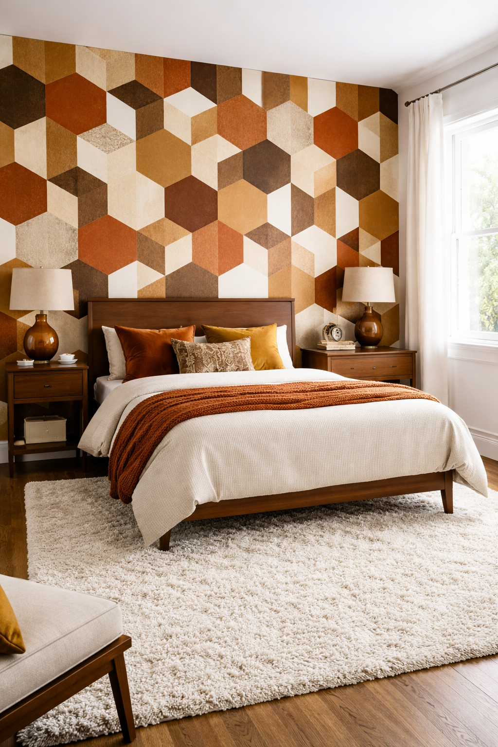 Bedroom accent wall with bold retro geometric wallpaper in ochre, rust, and cream tones.