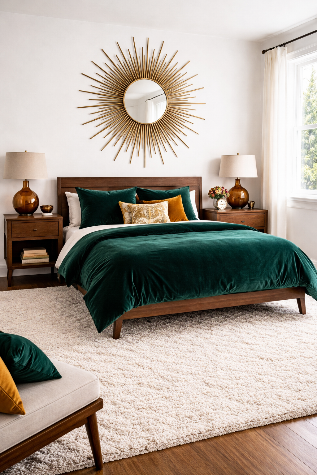 Bedroom bed with luxurious deep teal or emerald velvet duvet cover