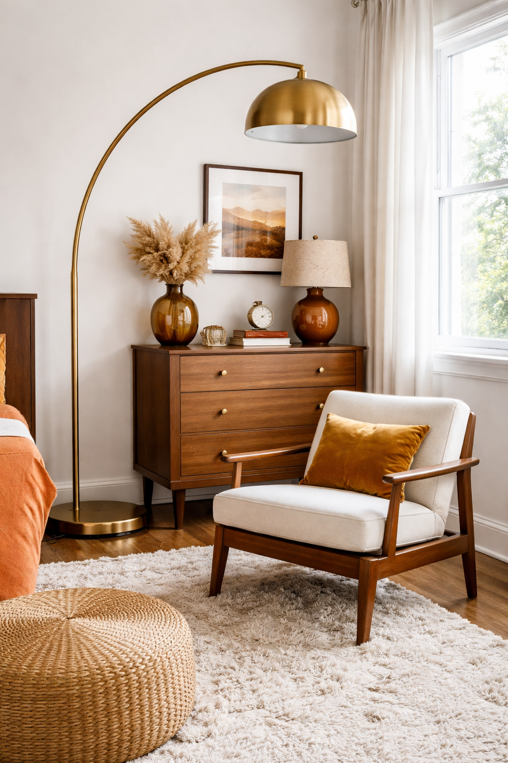 Bedroom corner with brass arc floor lamp curving over a reading chair in classic mid-century modern style