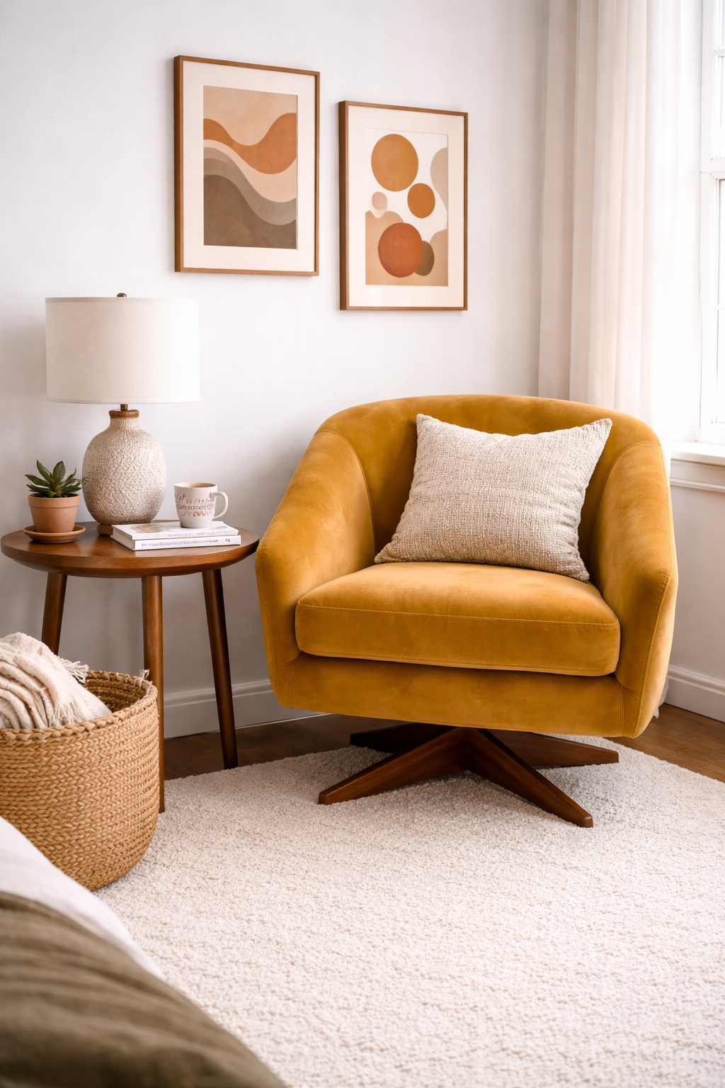 Bedroom corner with mustard yellow velvet swivel accent chair with wooden base creating a mid-century modern reading nook