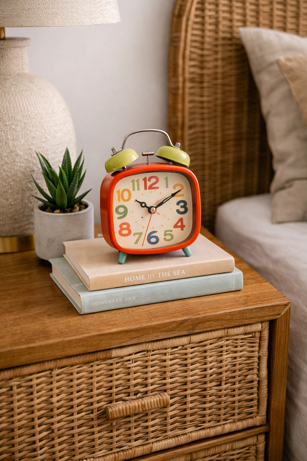 Bedroom nightstand close-up with colorful retro alarm clock, small plant, and stacked books as a charming vintage detail