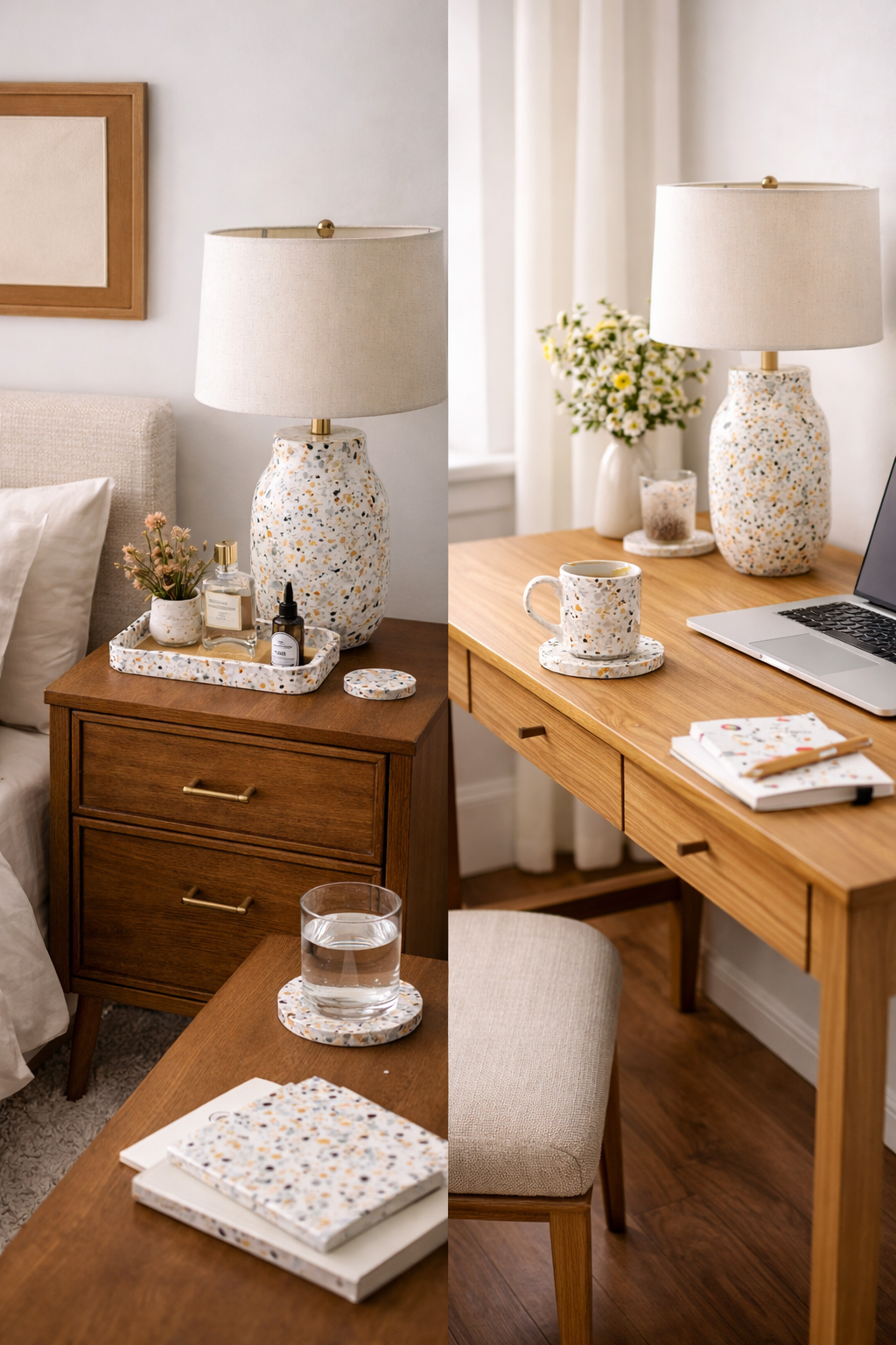 Bedroom nightstand styled with terrazzo tray, lamp base, and coasters as colorful speckled retro accessories