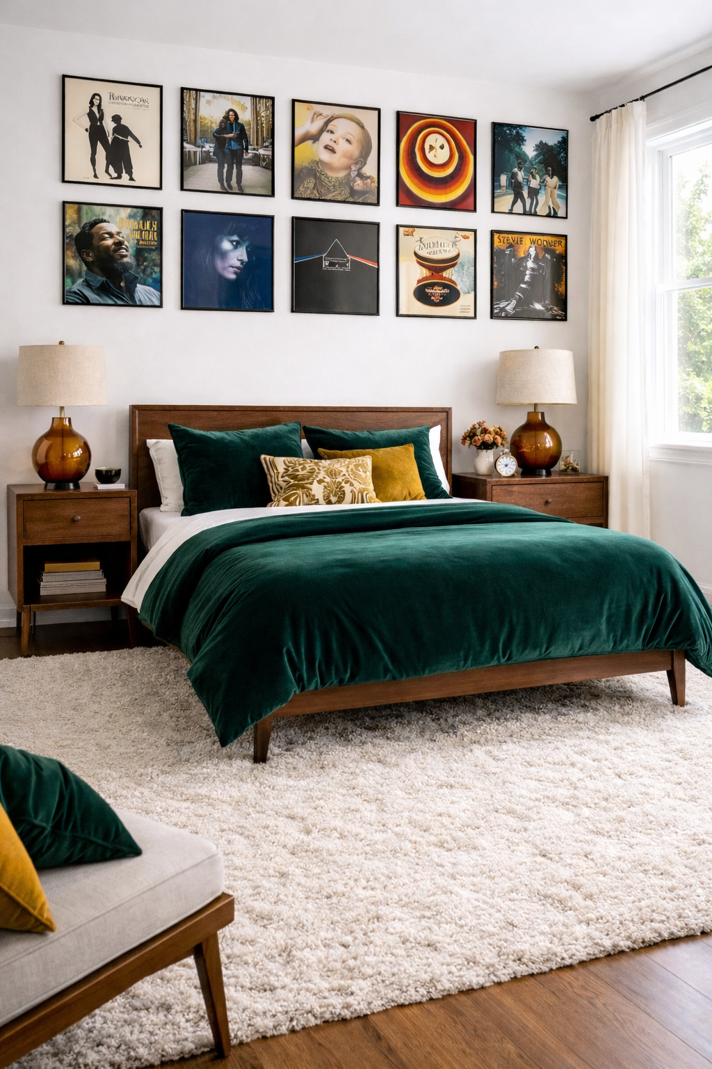 Bedroom wall with curated vinyl record album covers displayed as framed gallery wall art
