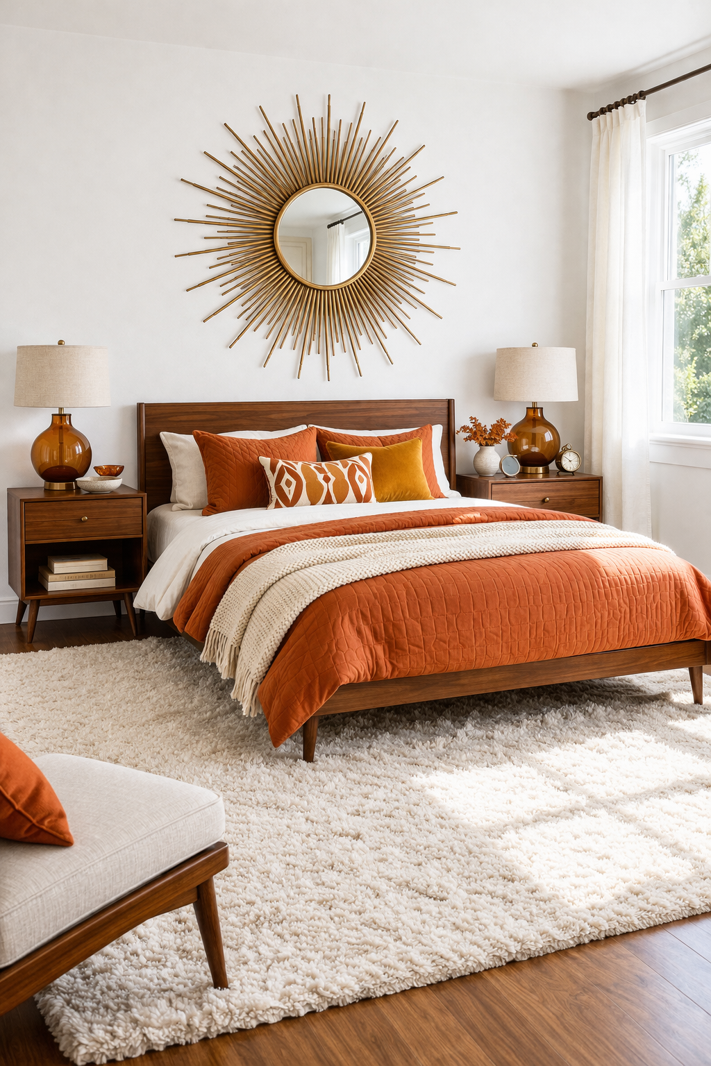 Bedroom wall with large brass sunburst starburst mirror as a mid-century modern statement piece