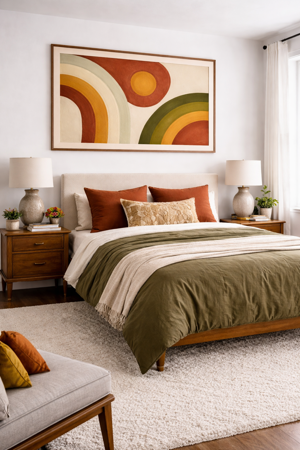 Bedroom wall with large framed retro abstract art print above the bed