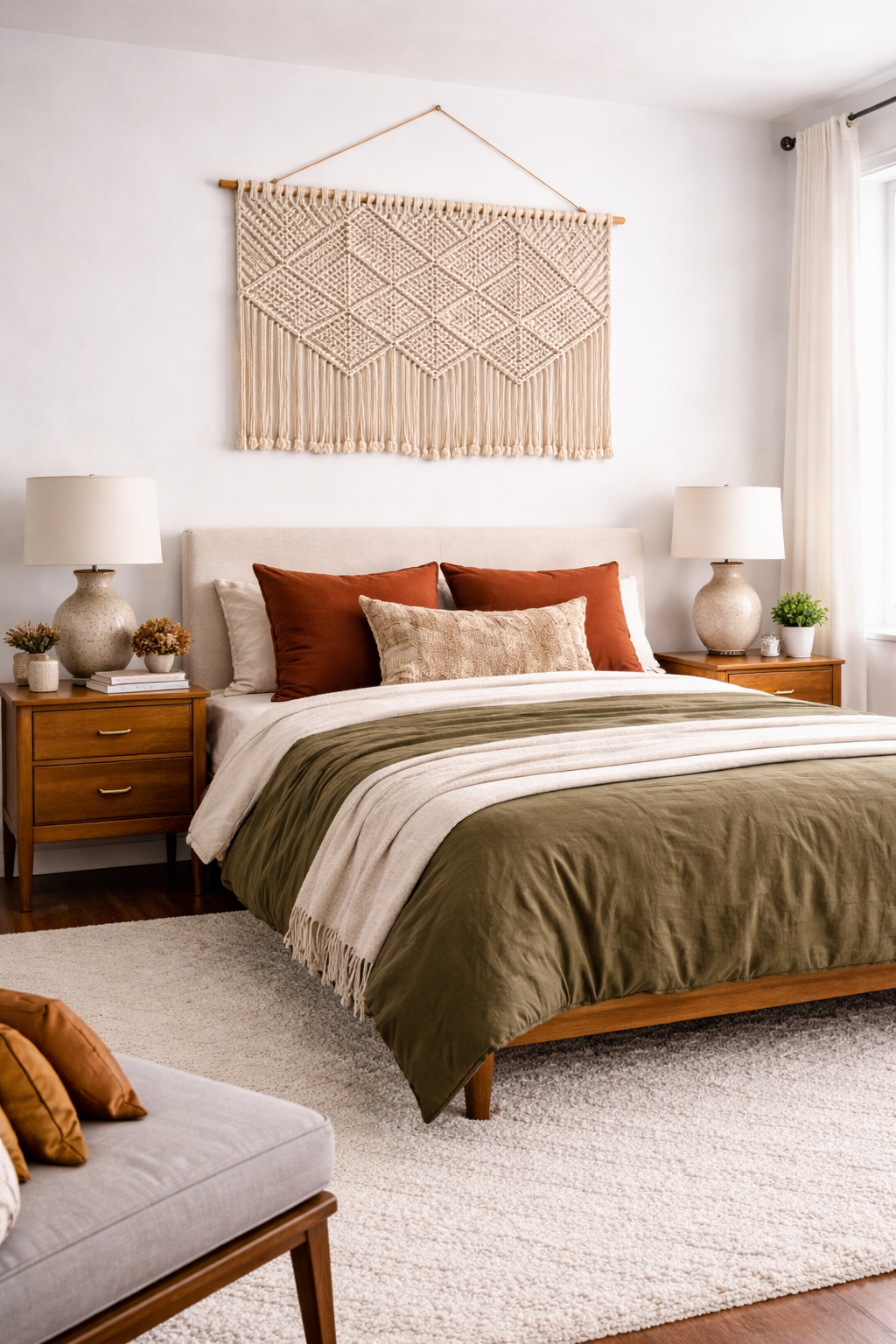 Bedroom wall with modern updated macrame wall hanging in natural cotton with clean geometric knotted design