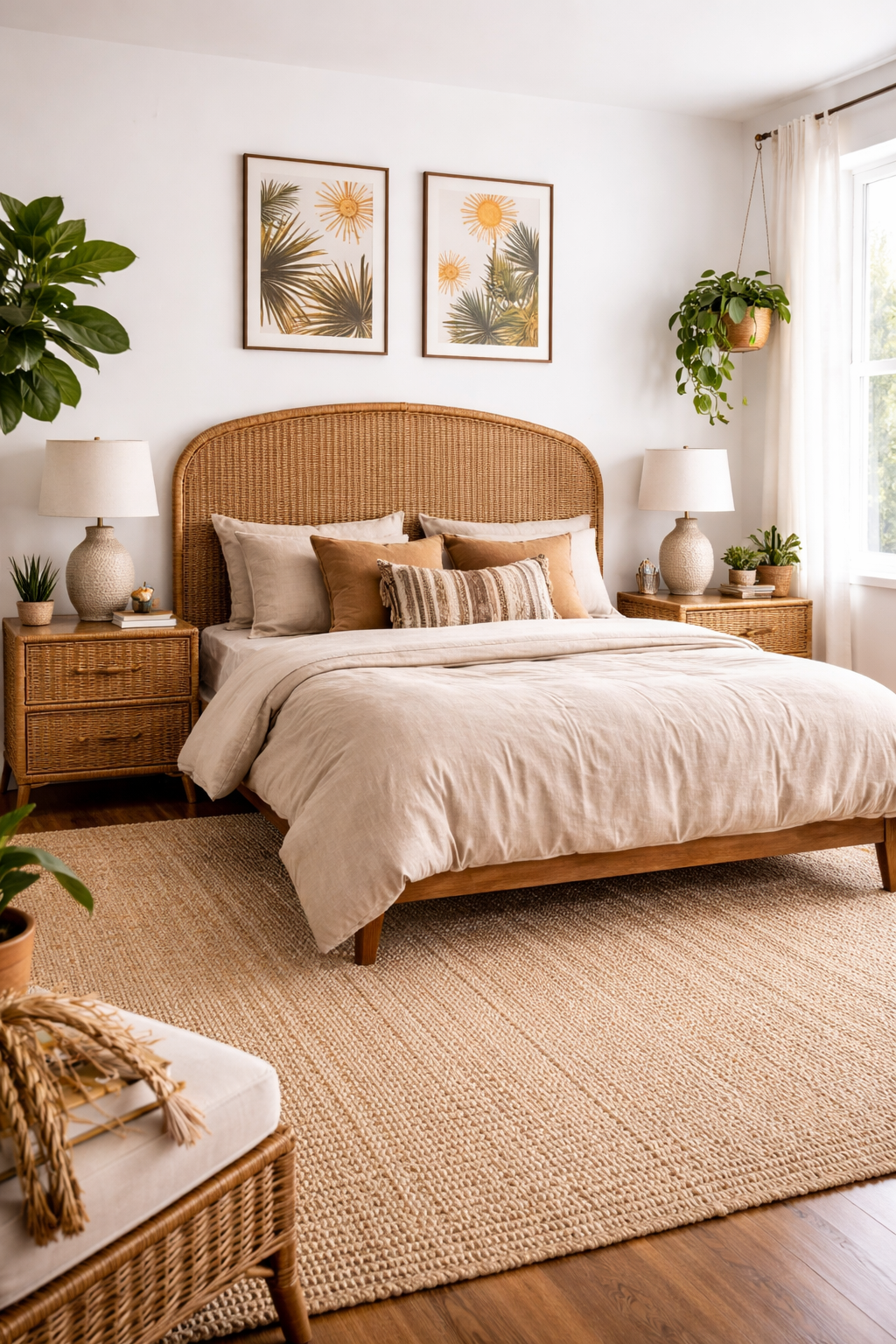 Bedroom with rattan headboard and wicker nightstands in a warm natural bohemian 70s-inspired bedroom style