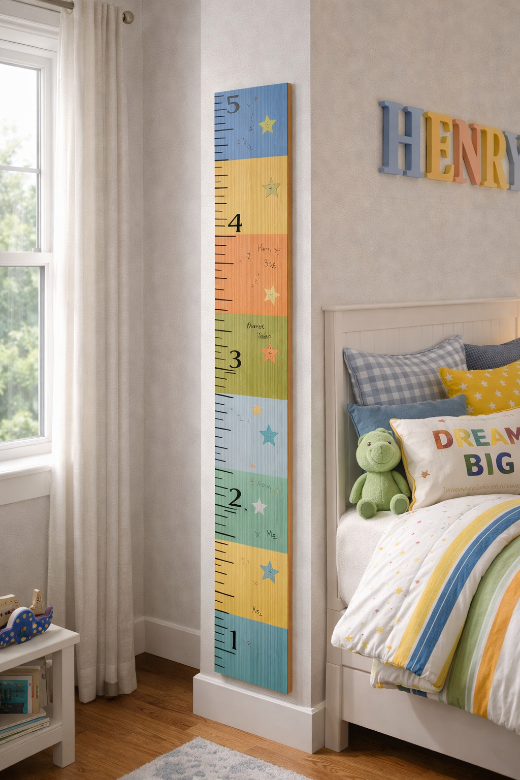 edroom with tall decorative wooden growth chart ruler with hand-painted markings on white wall.