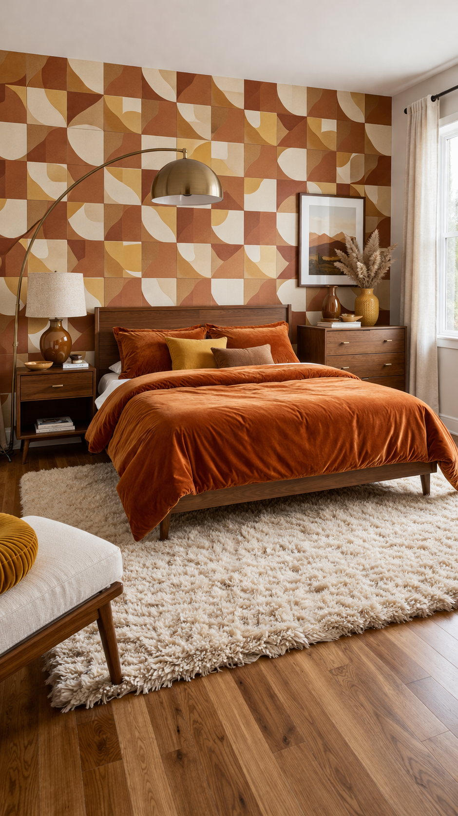 Bedroom with warm 70s earth tone palette of burnt orange, ochre, and rust with a shag rug and warm wood furniture - Retro Bedroom Ideas