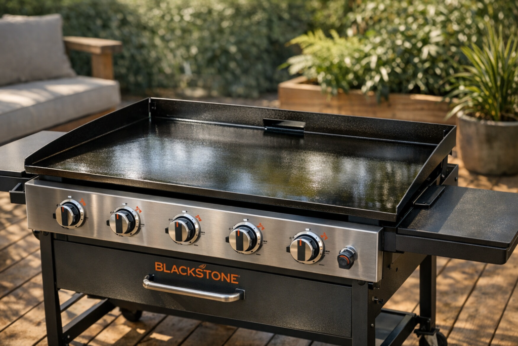 Clean seasoned Blackstone flat top griddle outdoors on a sunny backyard patio