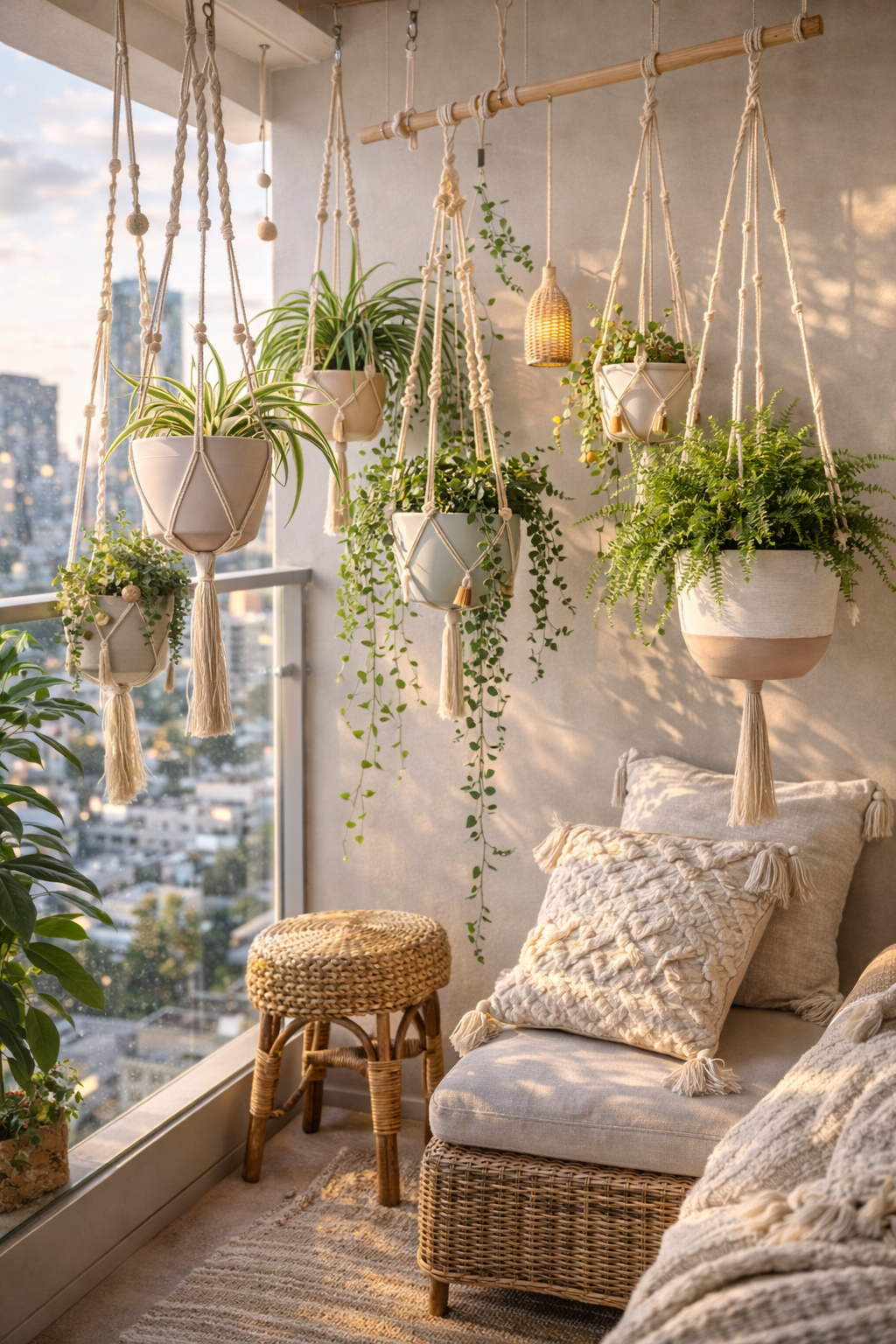 Boho balcony garden in sunlight