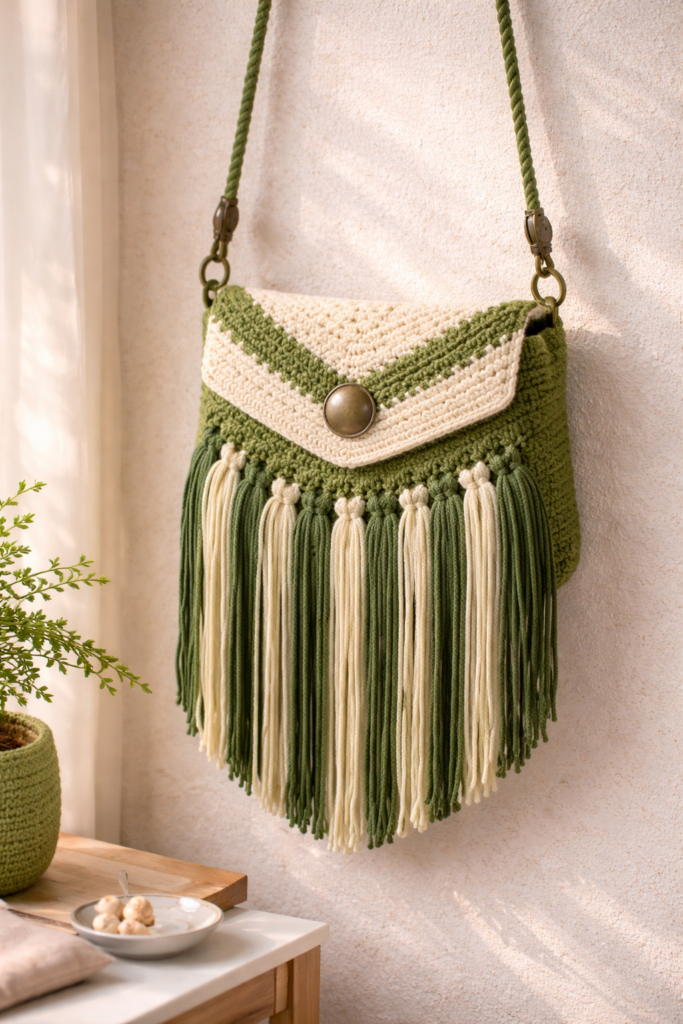 Boho crochet green fringe bag