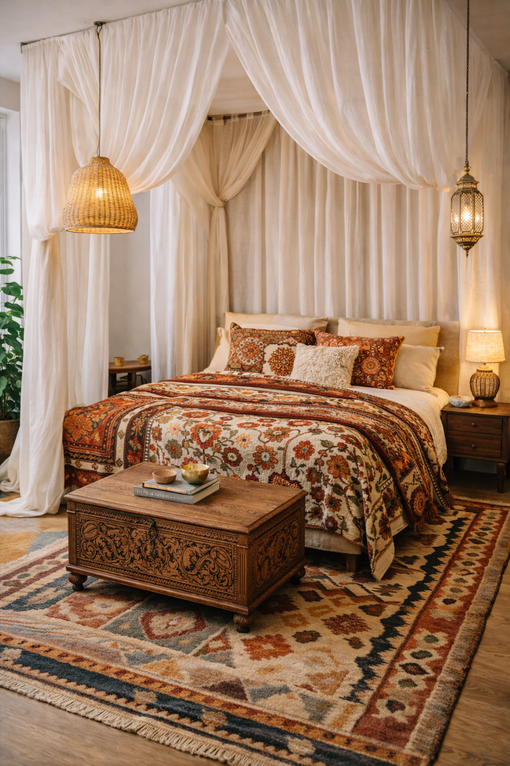 Boho global studio with ceiling canopy rail, layered kilim and suzani textiles, and rattan brass lighting