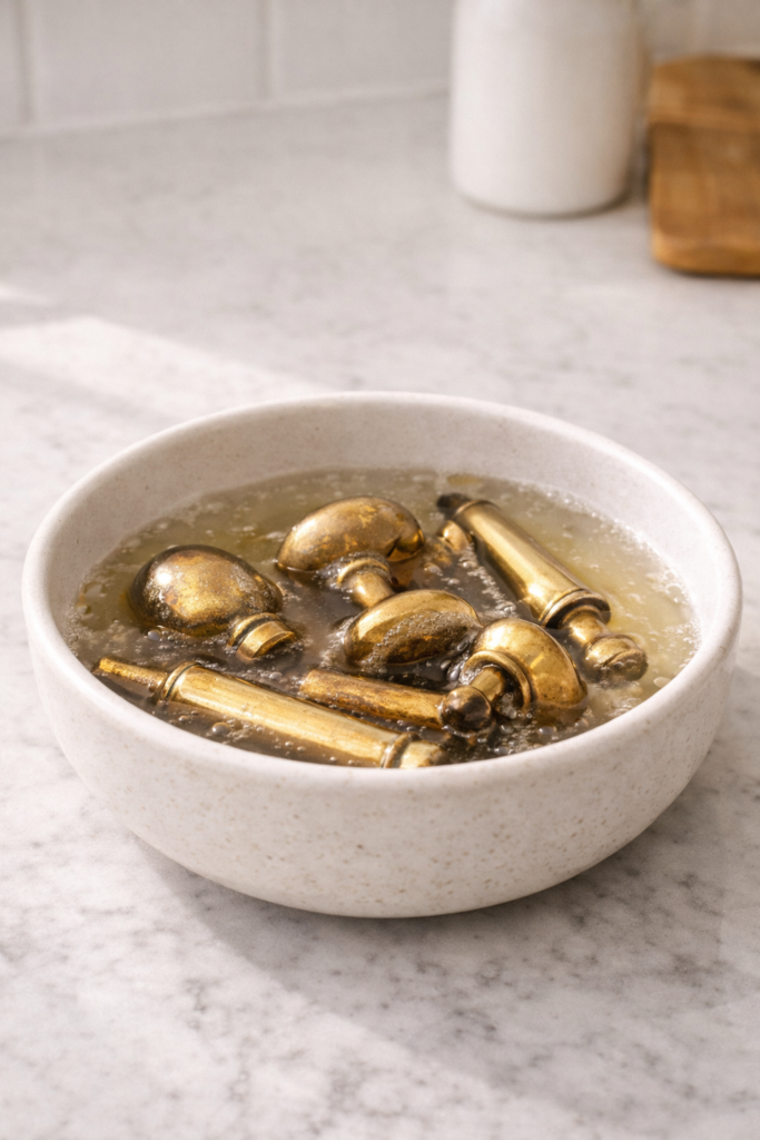 Brass cabinet pulls soaking in vinegar and salt solution in ceramic bowl