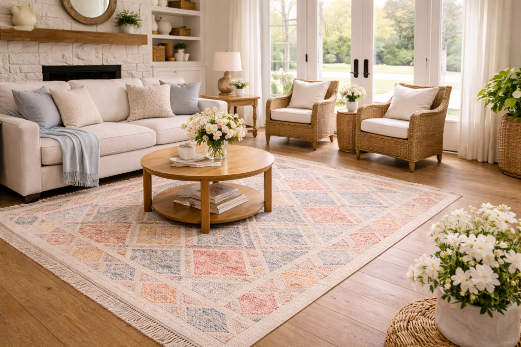 Bright and airy living room retreat -How to Clean an Area Rug