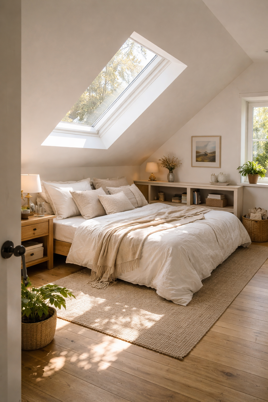 Bright attic bedroom with large skylight pouring natural light onto the bed and white walls below