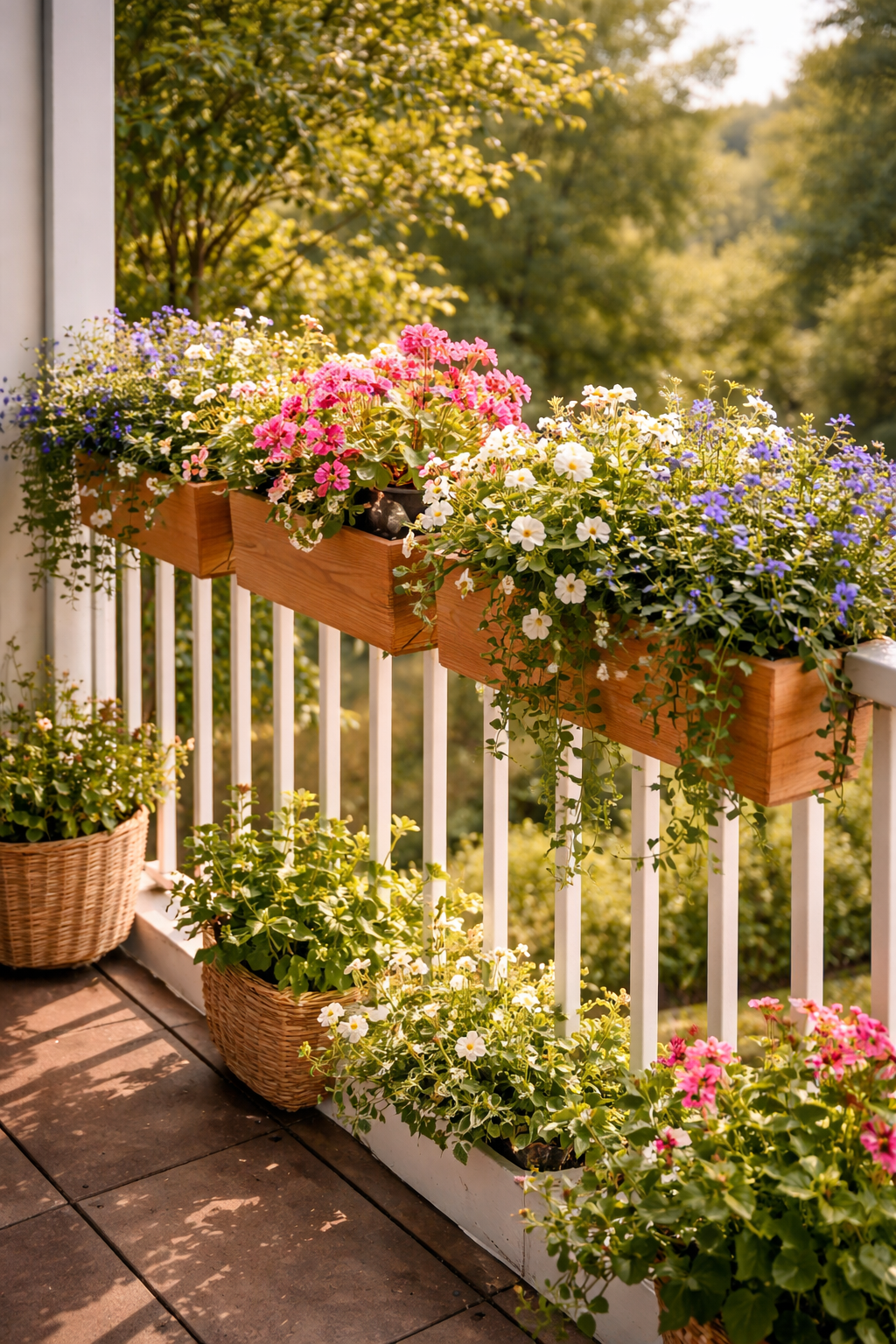 Small balcony railing lined with planter boxes filled with colorful flowers and trailing greenery on a sunny day