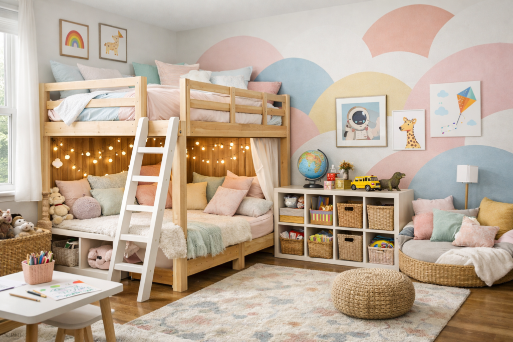 Bright kids bedroom with loft bed, colorful walls, and cozy reading nook corner.
